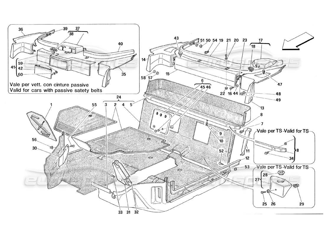 ferrari 348 (1993) tb / ts schema delle parti della moquette dell'abitacolo passeggeri