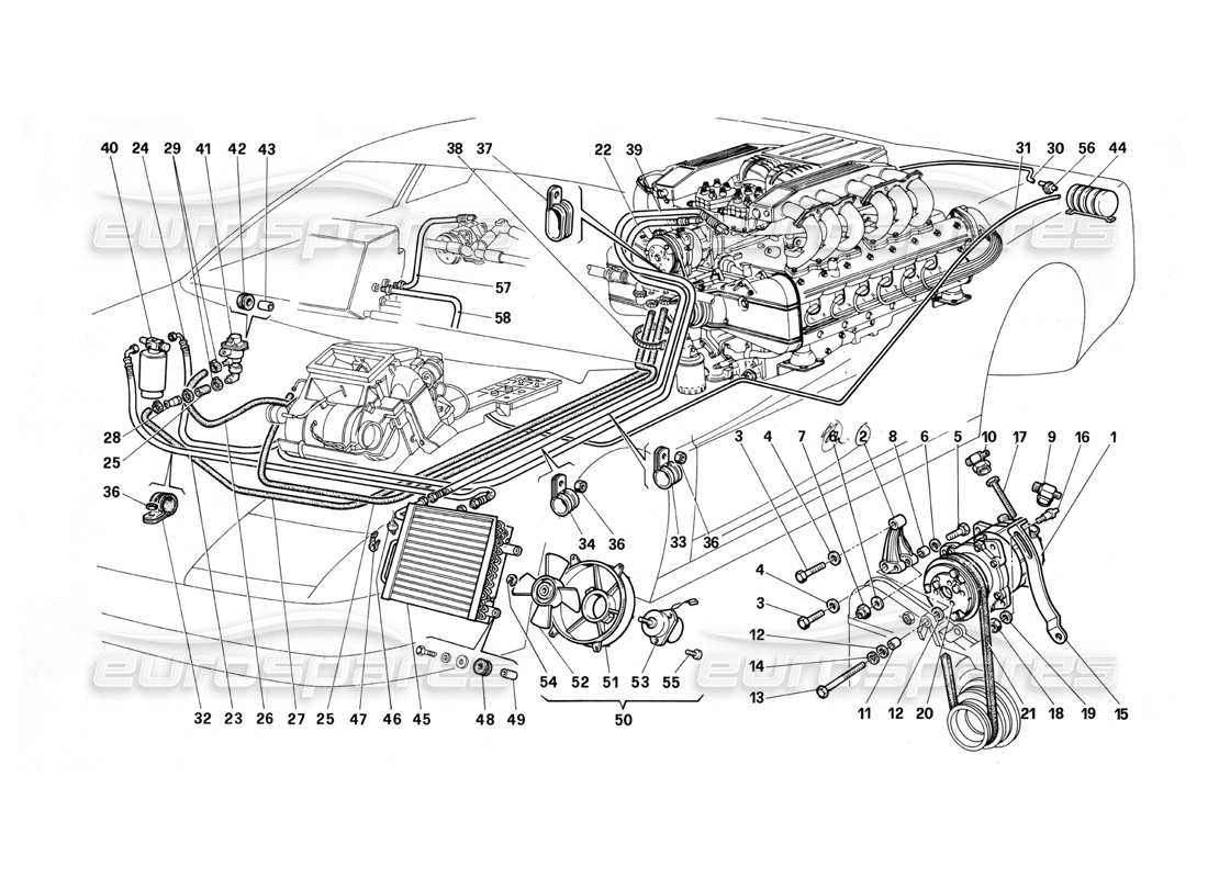 ferrari testarossa (1990) sistema di aria condizionata diagramma delle parti