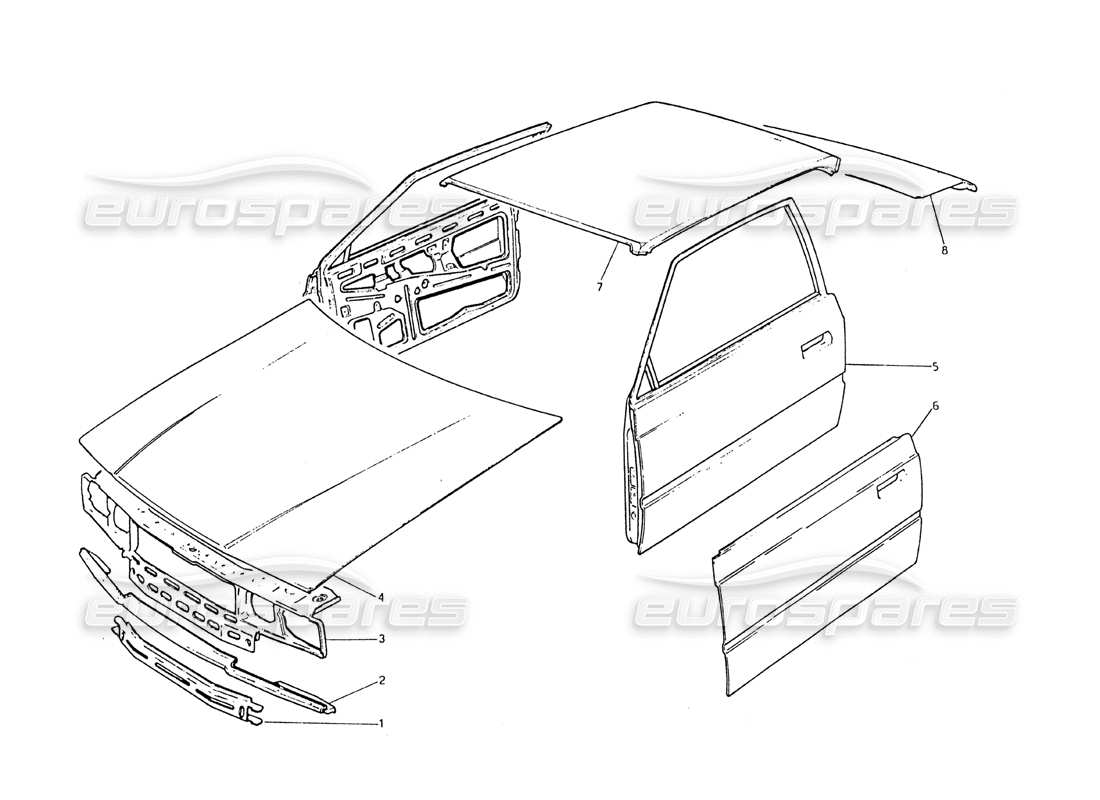 maserati biturbo 2.5 (1984) schema delle parti della carrozzeria: pannello anteriore, pannello del tetto, porte, cofano, cofano del bagagliaio
