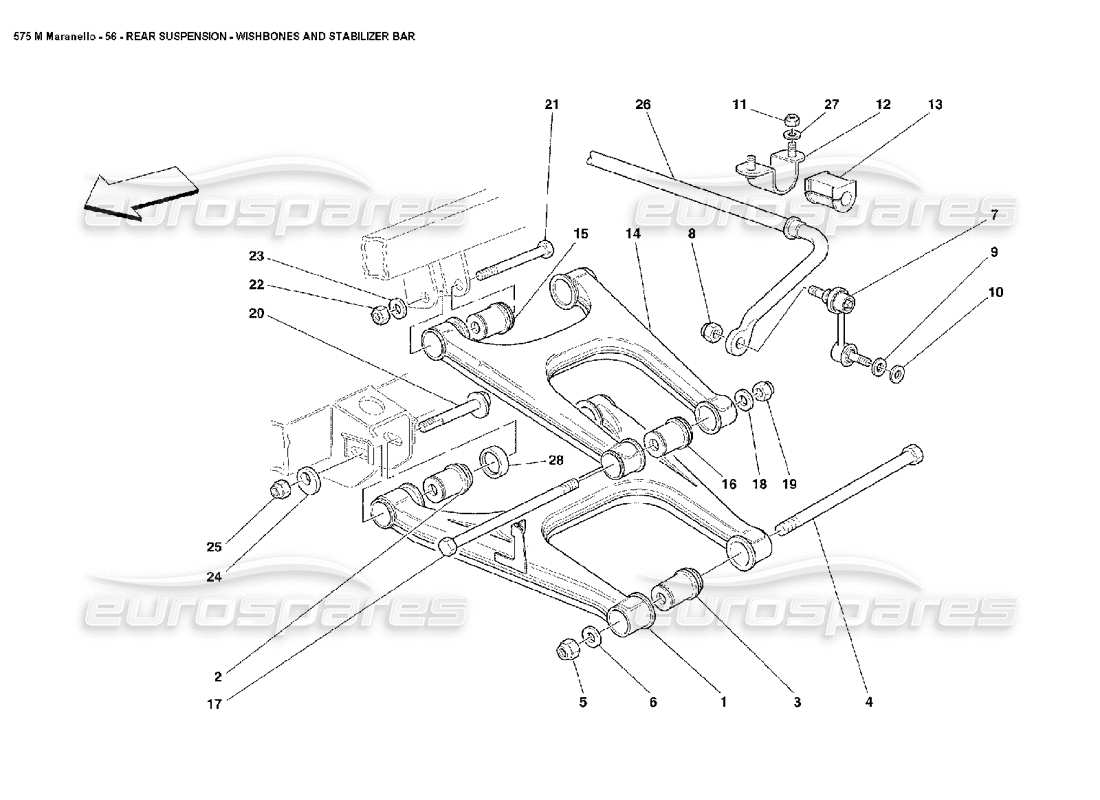 ferrari 575m maranello diagramma delle parti dei bracci trasversali della sospensione posteriore e della barra stabilizzatrice