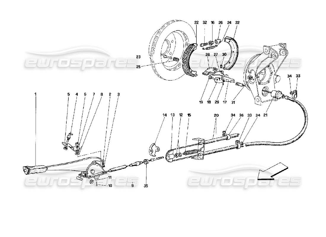 ferrari mondial 3.4 t coupe/cabrio diagramma delle parti del controllo del freno a mano