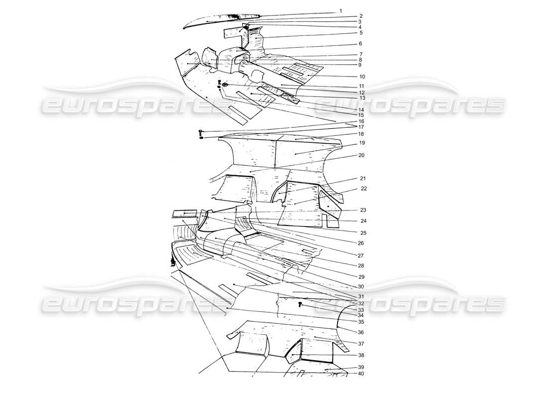 ferrari 365 gtb4 daytona (coachwork) diagramma delle parti interne in feltro e tappeti