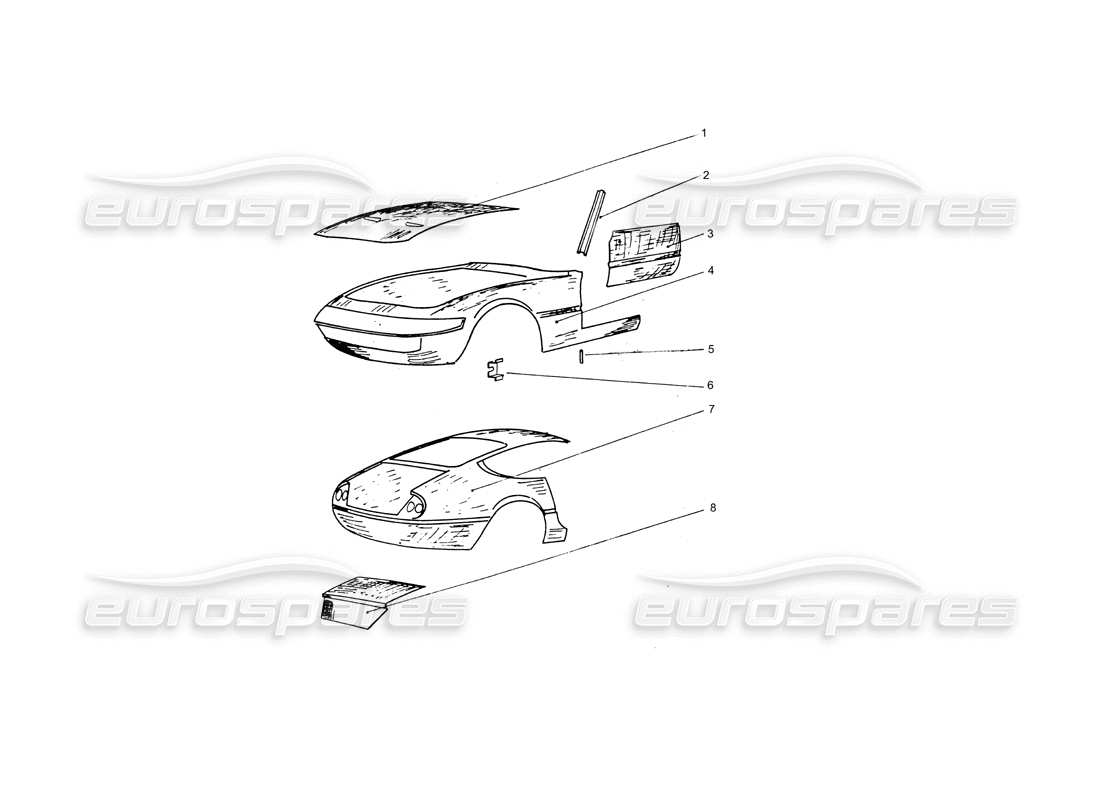 ferrari 365 gtb4 daytona (coachwork) schema delle parti dei pannelli esterni della carrozzeria anteriore e posteriore