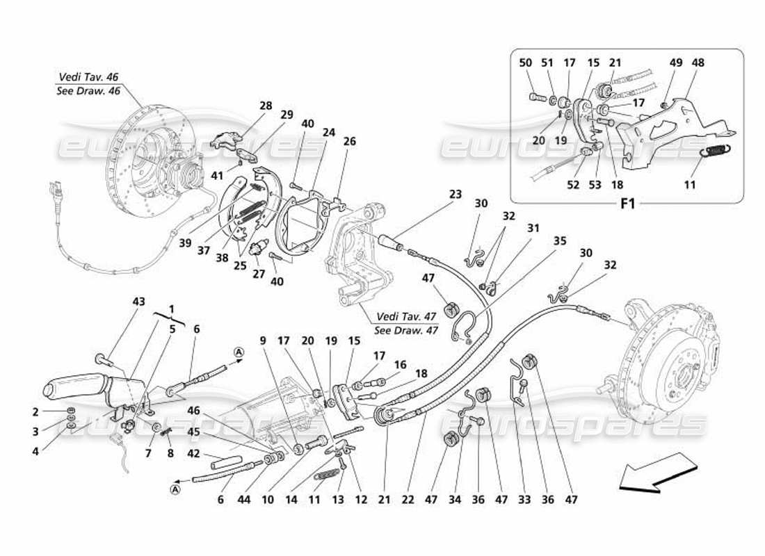 maserati 4200 coupe (2005) diagramma delle parti del controllo del freno a mano