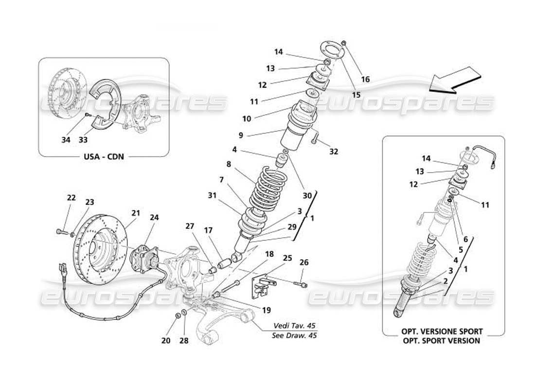maserati 4200 coupe (2005) sospensione anteriore - ammortizzatore e disco freno schema delle parti