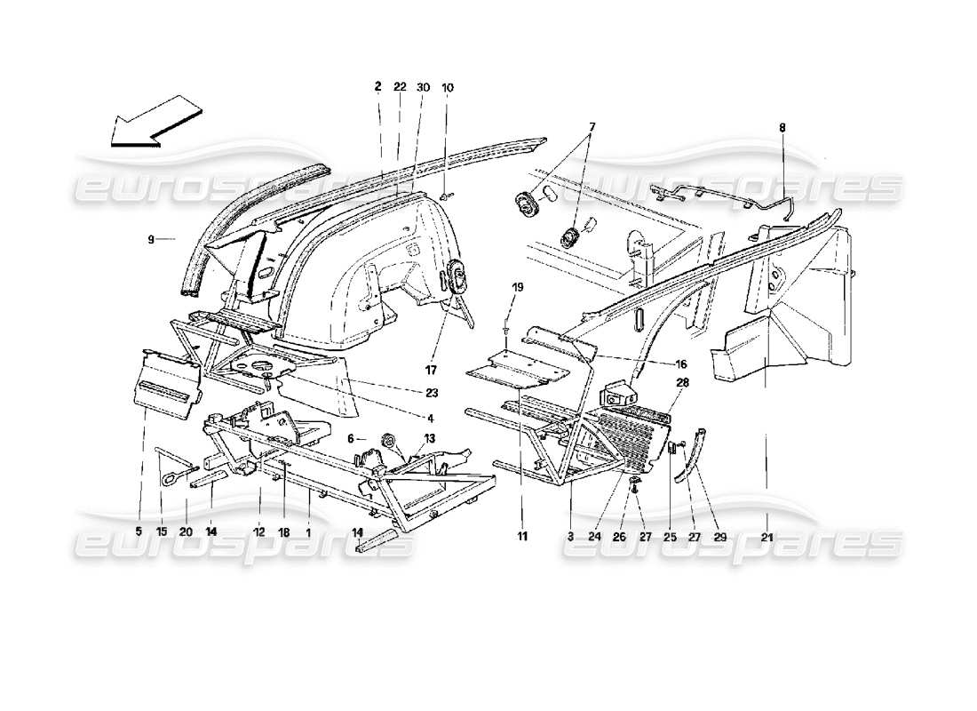 ferrari mondial 3.4 t coupe/cabrio scocca: elemento interno - parte anteriore schema delle parti