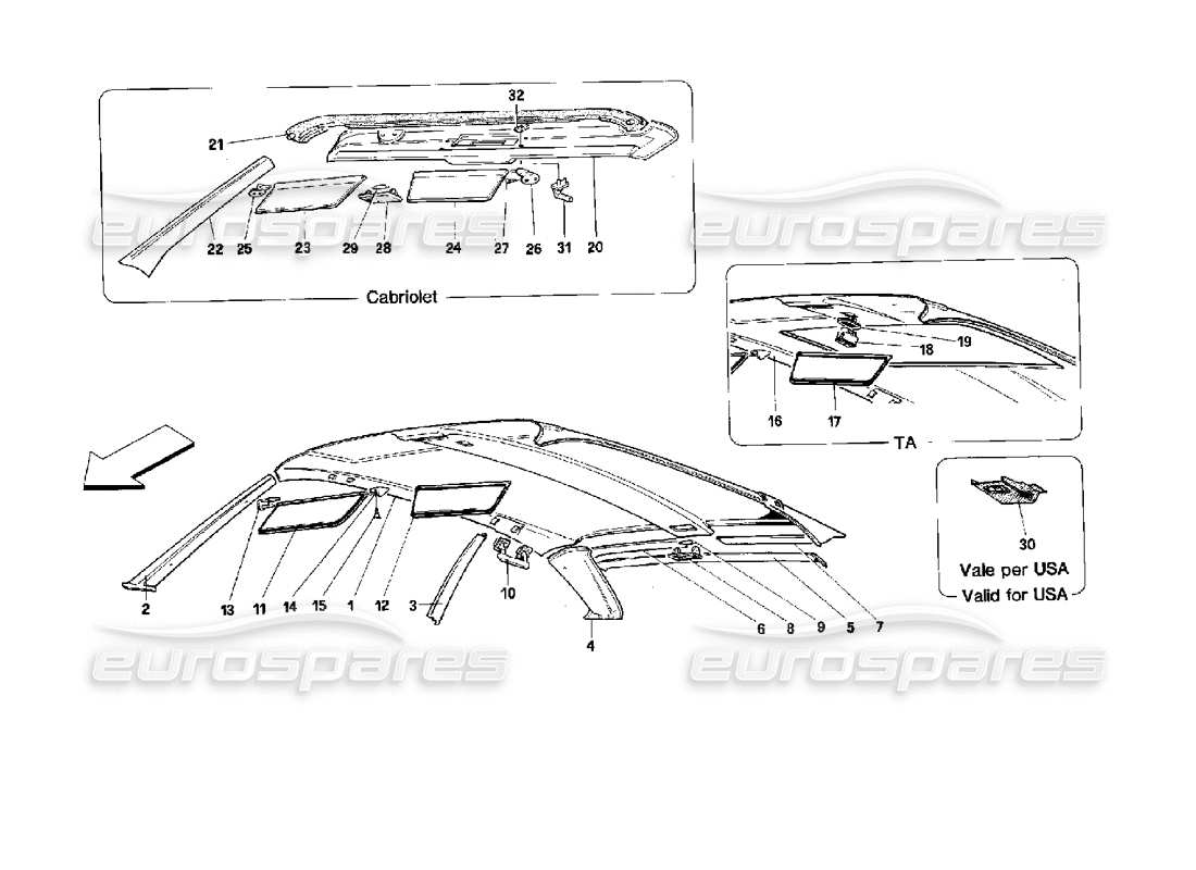 ferrari mondial 3.4 t coupe/cabrio diagramma delle parti del tetto