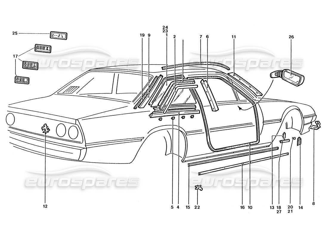 ferrari 400 gt / 400i (coachwork) specchietti retrovisori esterni - badge e finiture esterne schema delle parti