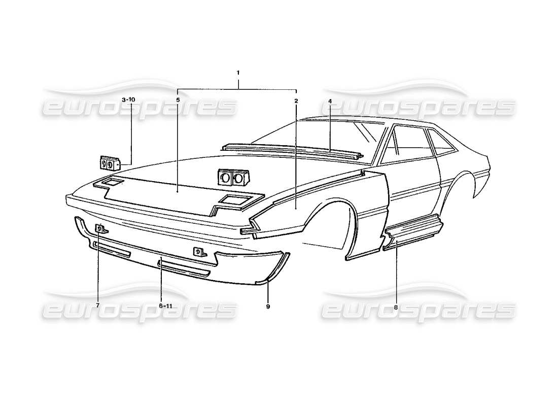 ferrari 400 gt / 400i (coachwork) diagramma delle parti dei pannelli della carrozzeria della parte anteriore