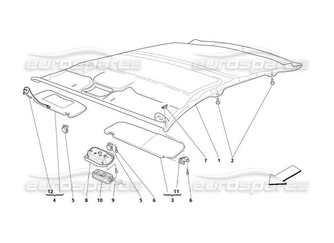 maserati 4200 coupe (2005) schema delle parti della tappezzeria e degli accessori del pannello del tetto