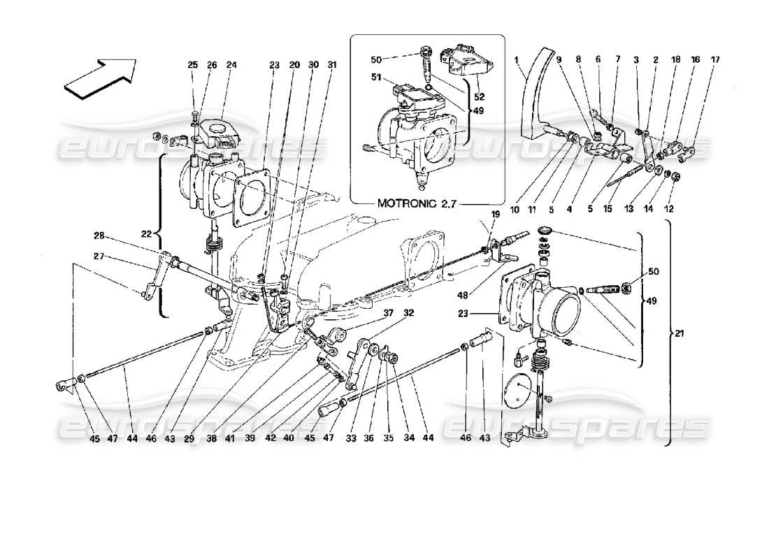 ferrari mondial 3.4 t coupe/cabrio diagramma delle parti dell'alloggiamento dell'acceleratore e del collegamento