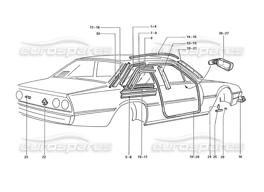 ferrari 412 (coachwork) finiture esterne e distintivi diagramma delle parti