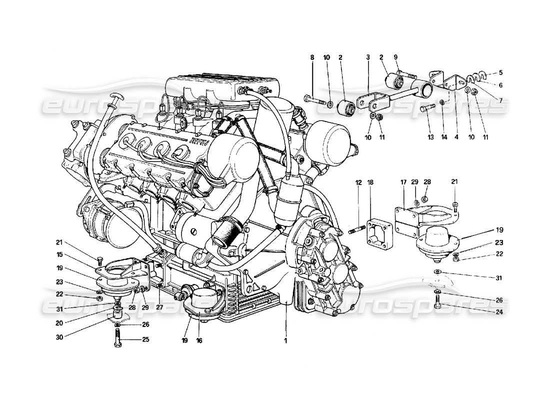 ferrari 308 quattrovalvole (1985) motore: diagramma delle parti del cambio e dei supporti