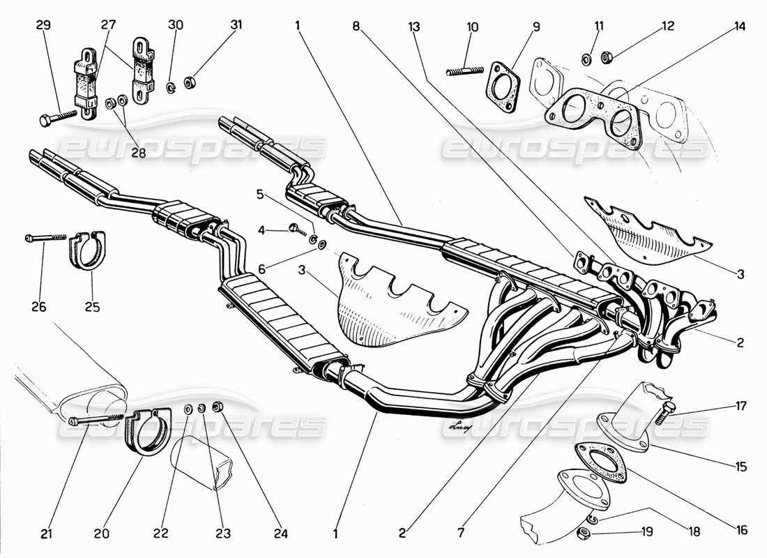 ferrari 330 gt 2+2 diagramma delle parti di collettori di scarico, silenziatori ed estensioni