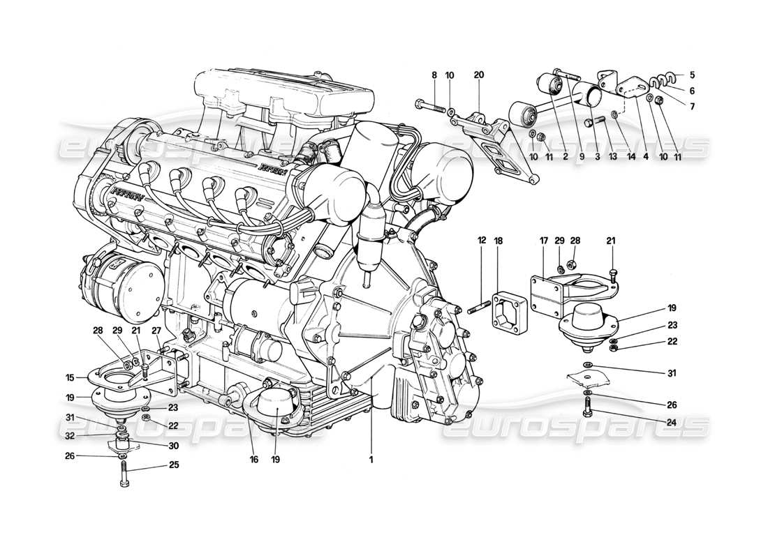ferrari 208 turbo (1982) motore - cambio e supporti diagramma delle parti