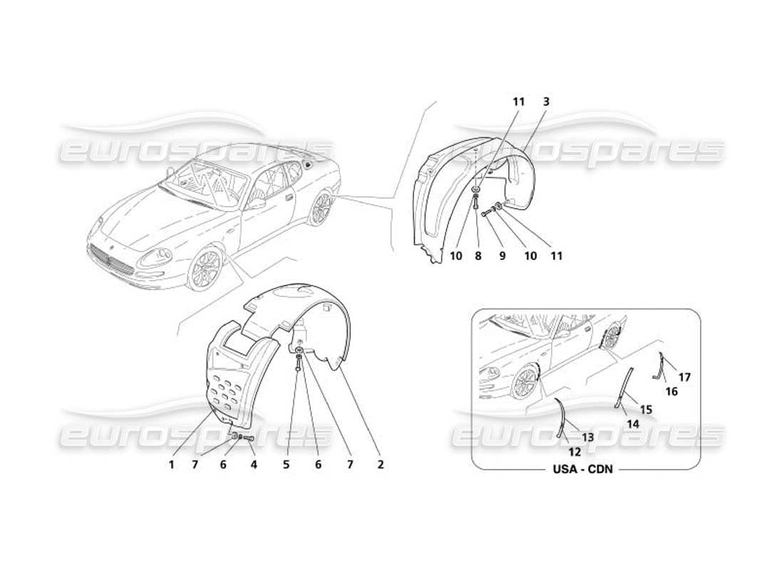 maserati 4200 coupe (2005) schema delle parti di schermi e protezioni per il vano ruota