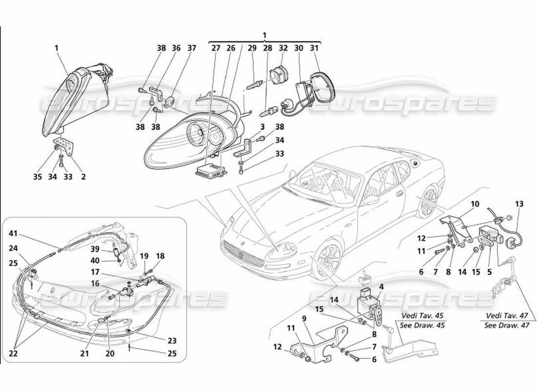 maserati 4200 coupe (2005) fari allo xeno e rondella -opzionale- schema delle parti