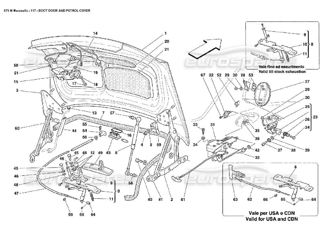 ferrari 575m maranello schema delle parti dello sportello del bagagliaio e del coperchio della benzina