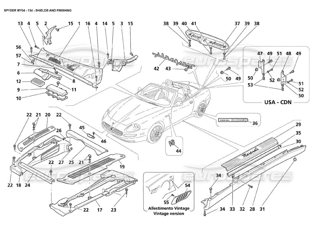 maserati 4200 spyder (2004) scudi e finiture diagramma delle parti