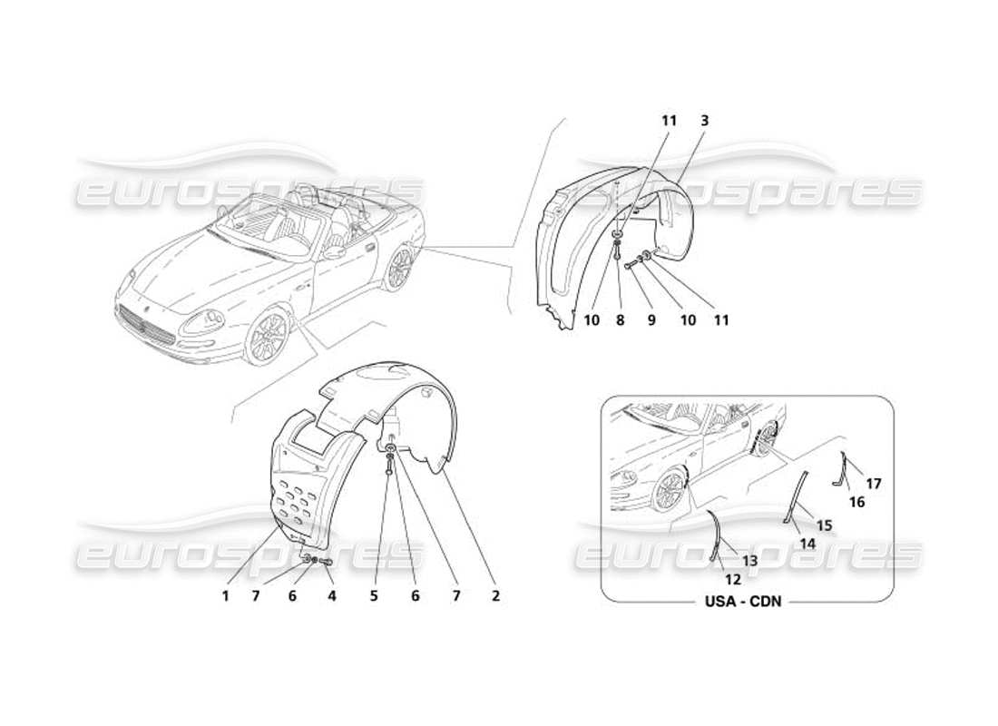 maserati 4200 spyder (2005) schema delle parti di schermi e protezioni per il vano ruota