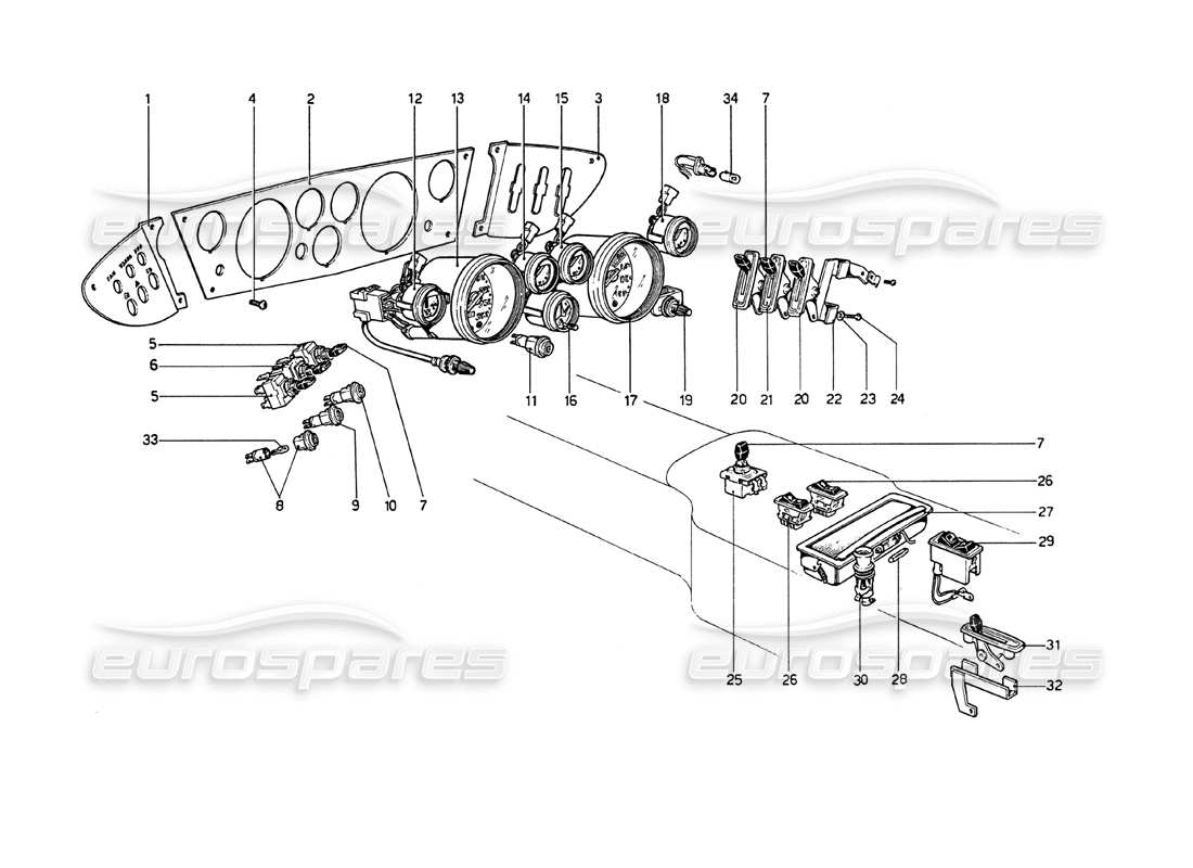 ferrari 208 gt4 dino (1975) diagramma delle parti di strumenti e accessori