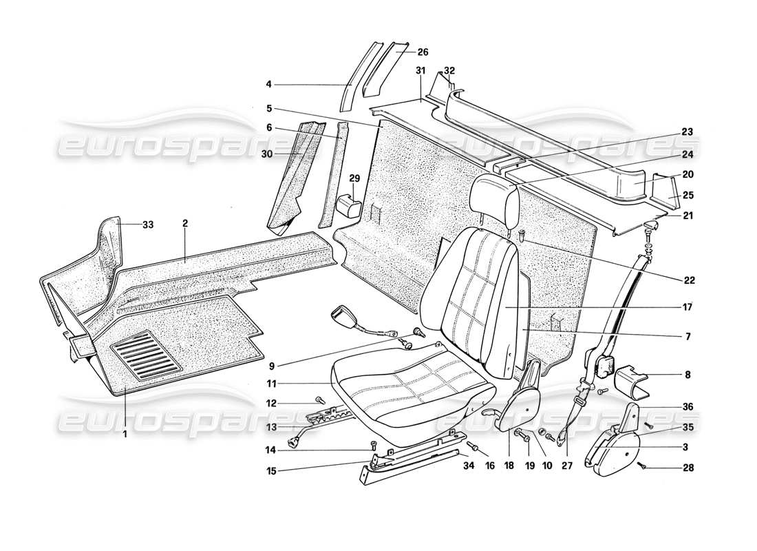 ferrari 328 (1988) rivestimenti interni, accessori e sedili diagramma delle parti
