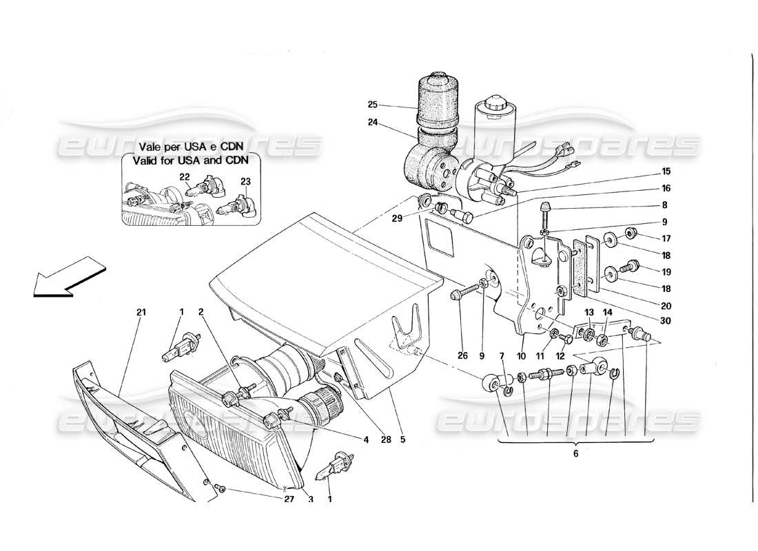 ferrari 348 (1993) tb / ts dispositivo di sollevamento luci e diagramma delle parti dei fari