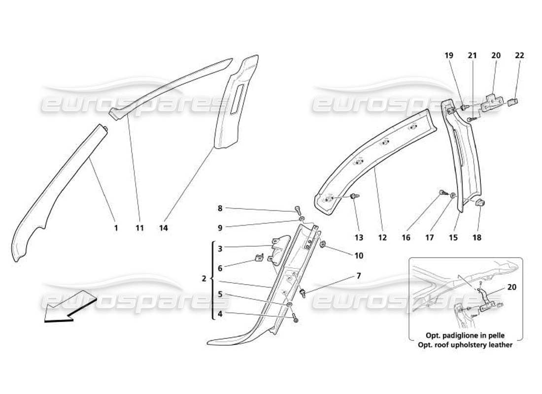 maserati 4200 coupe (2005) copertura interna - copertura del montante centrale e anteriore - schema delle parti della copertura della guida laterale