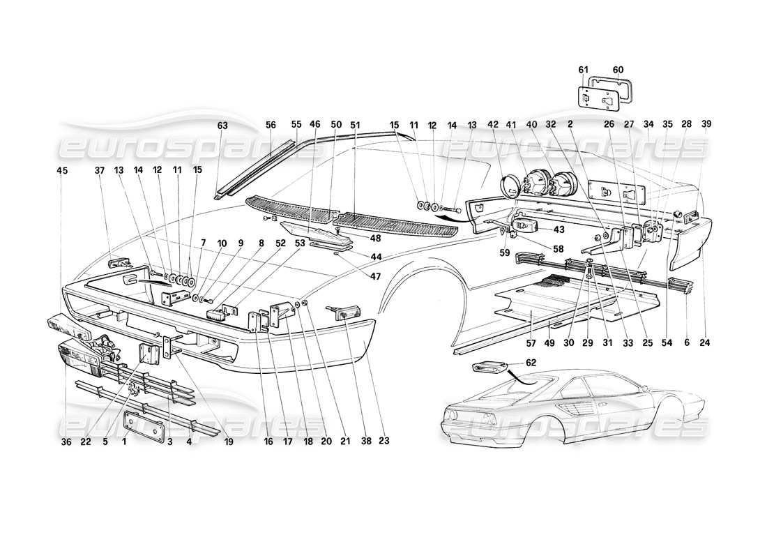 ferrari mondial 3.2 qv (1987) diagramma delle parti di paraurti, modanature e luci
