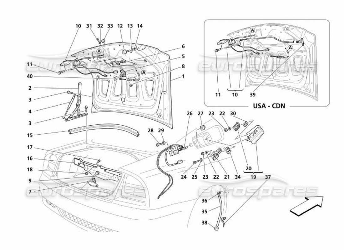 maserati 4200 coupe (2005) schema delle parti del cofano del cofano del bagagliaio e della porta del gas