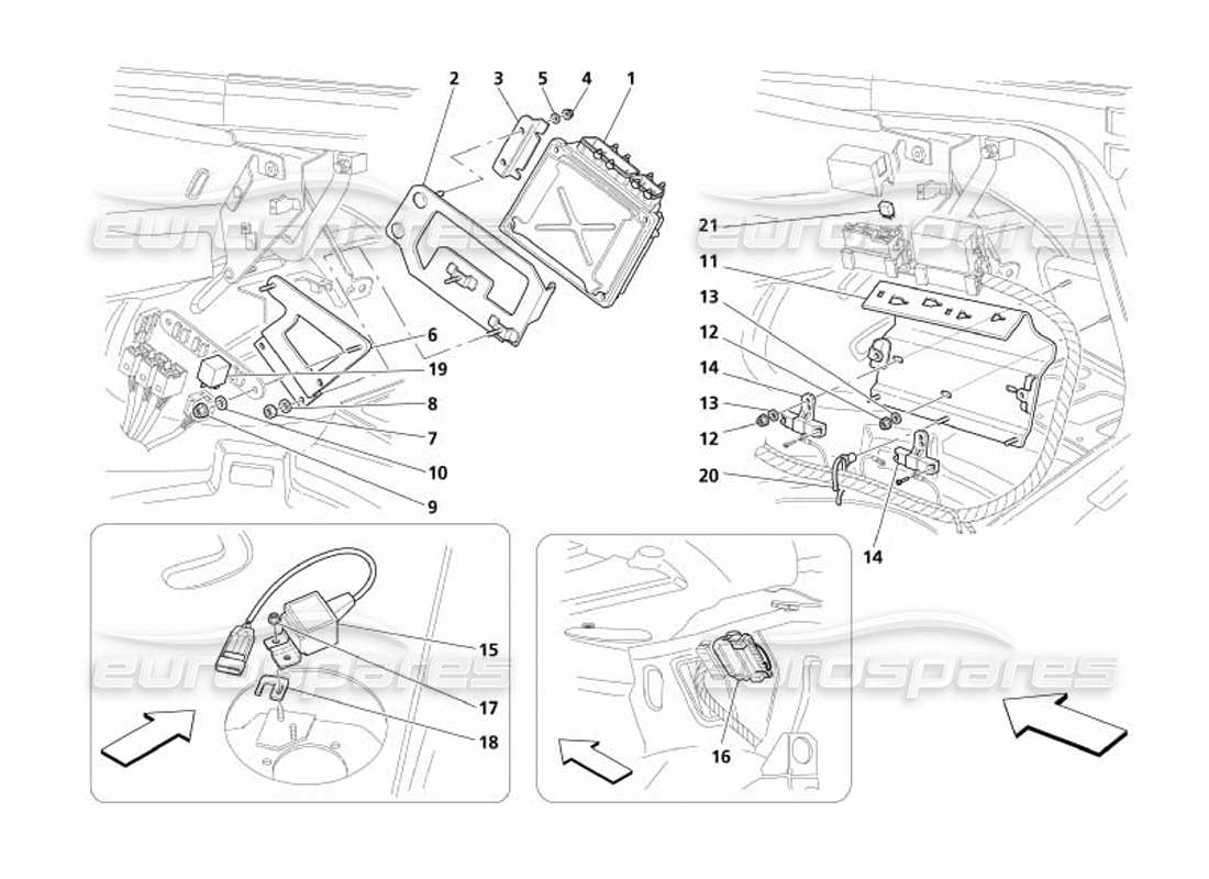 maserati 4200 spyder (2005) diagramma delle parti del sensore e delle unità di controllo del cofano del bagagliaio lato destro