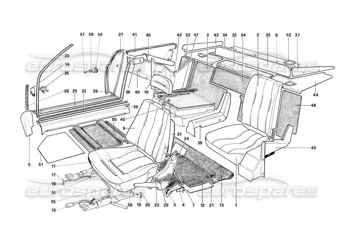 ferrari mondial 3.2 qv (1987) sedili: diagramma delle parti della cabriolet