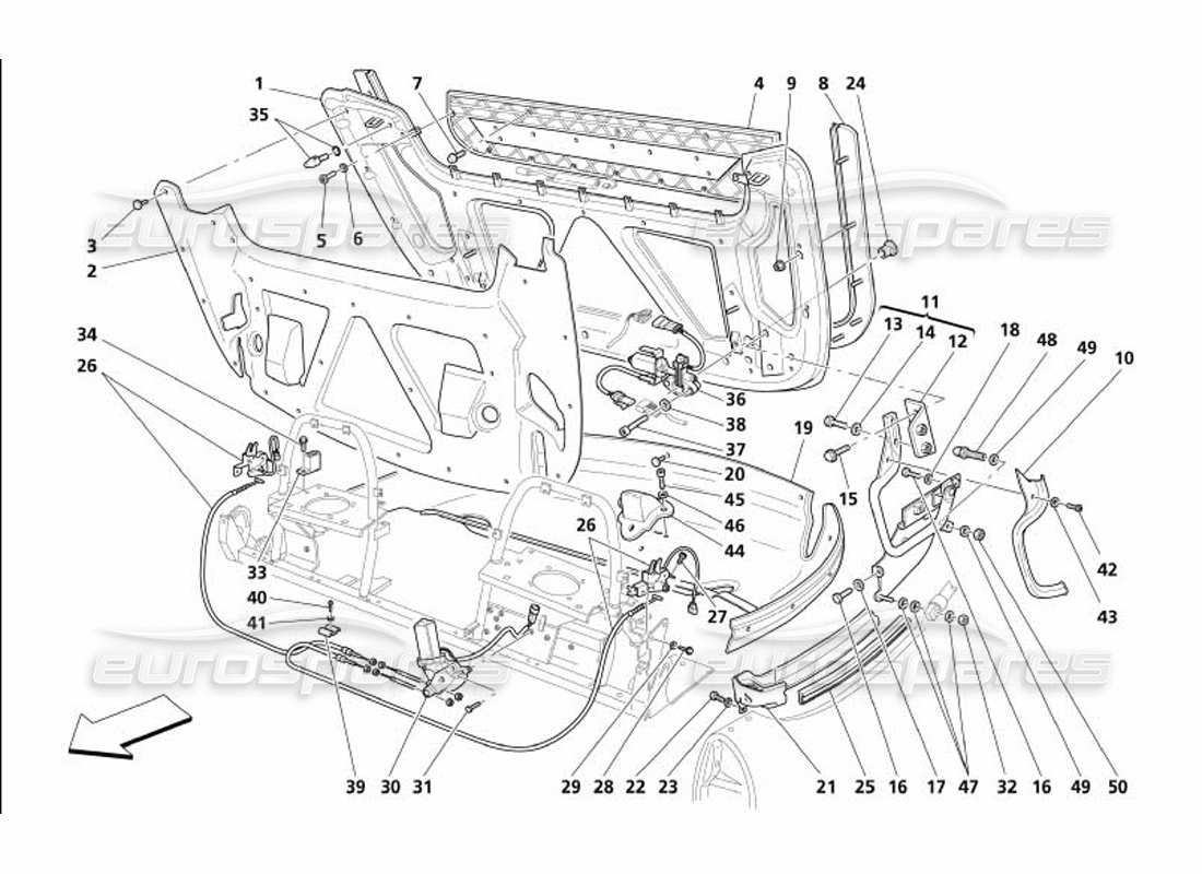 maserati 4200 spyder (2005) chiusure della capote e diagramma delle parti della copertura