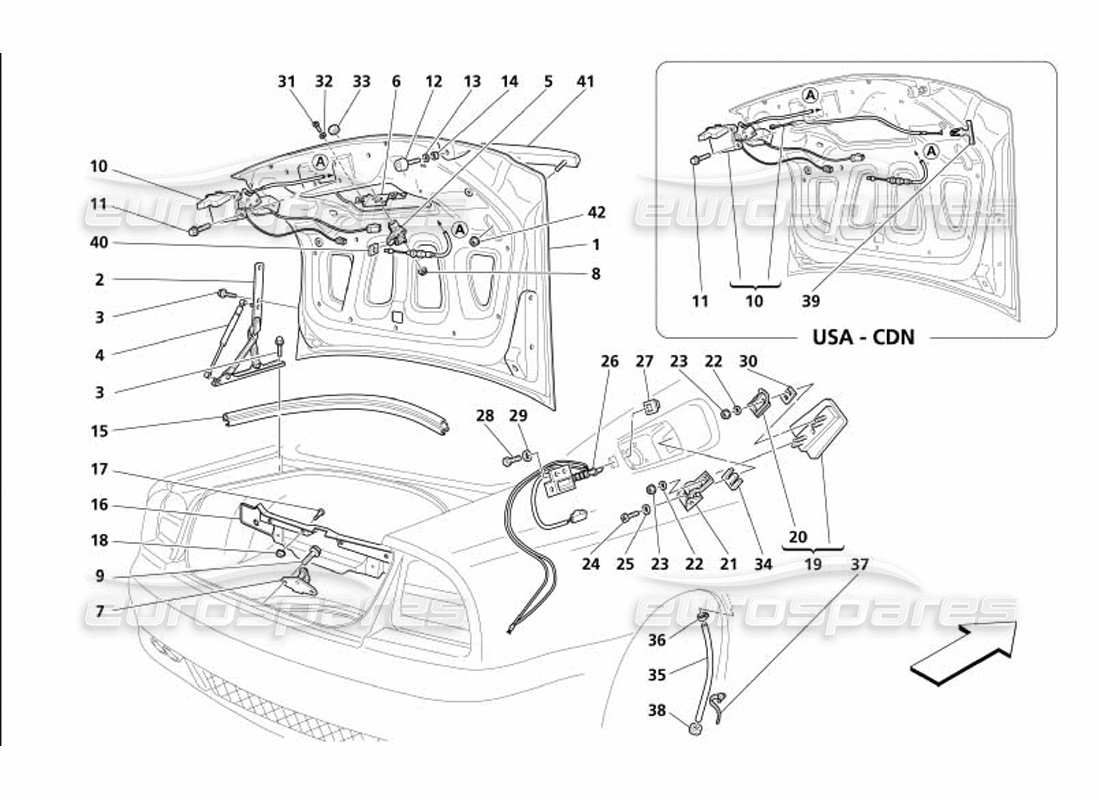 maserati 4200 gransport (2005) schema delle parti del cofano del cofano del bagagliaio e della porta del gas