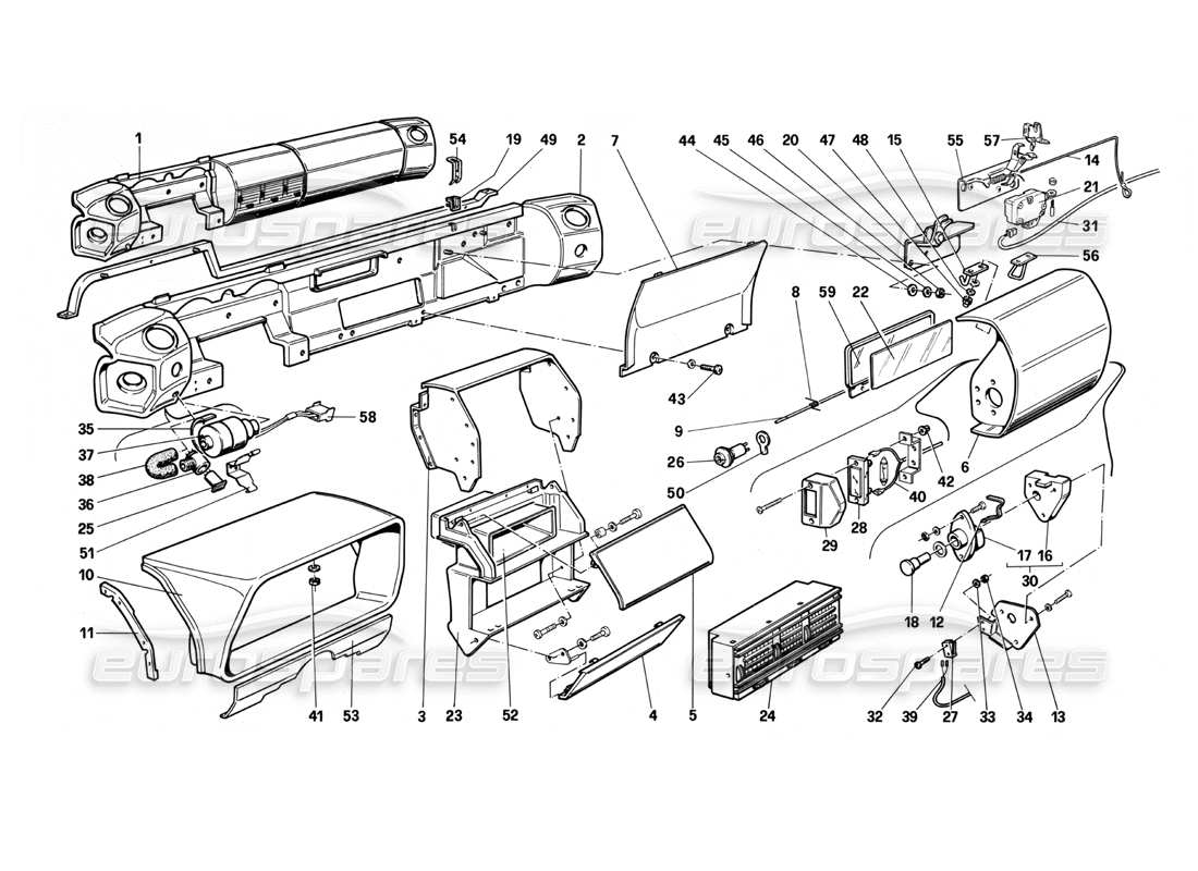 ferrari testarossa (1990) dashboard (non per la versione usa) diagramma delle parti
