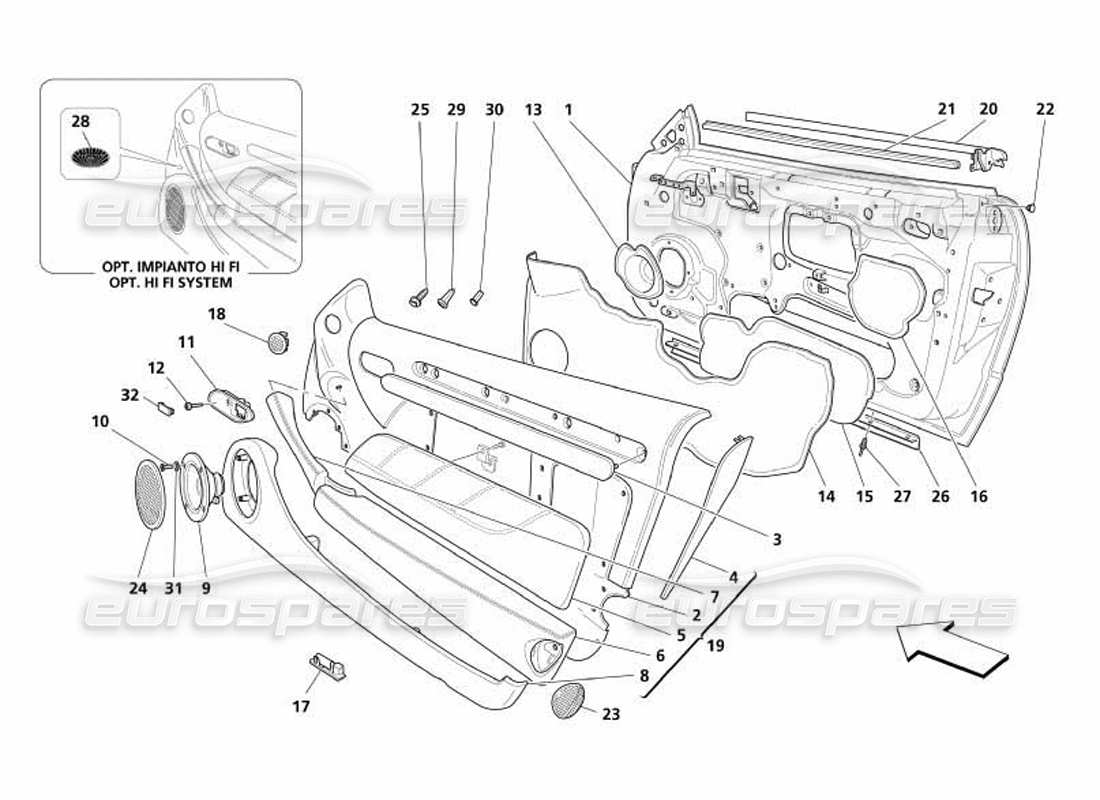 maserati 4200 coupe (2005) porte - schema parte struttura e rivestimenti