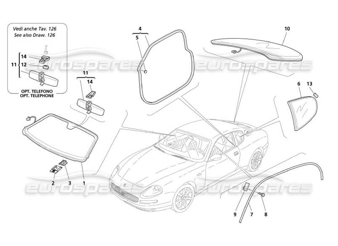 maserati 4200 coupe (2005) vetri - schema delle parti delle guarnizioni e dello specchietto retrovisore interno