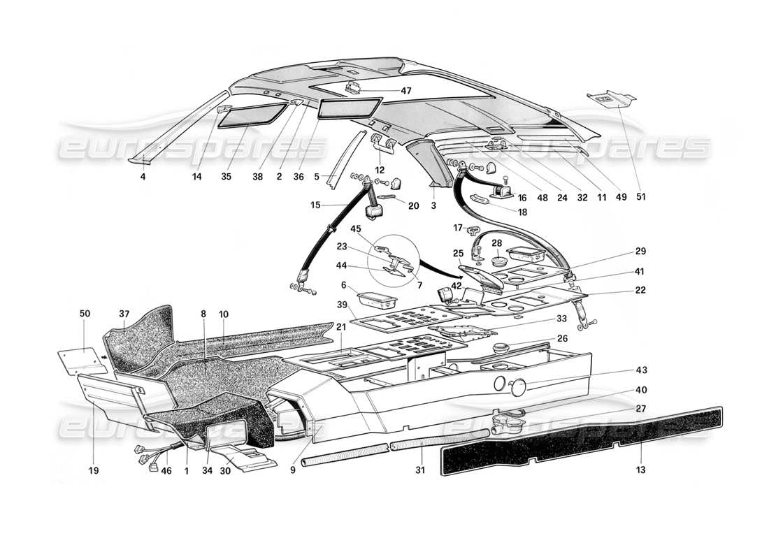 ferrari mondial 3.2 qv (1987) tetto, tunnel e cinture di sicurezza - 3.2 mondial coupé diagramma delle parti
