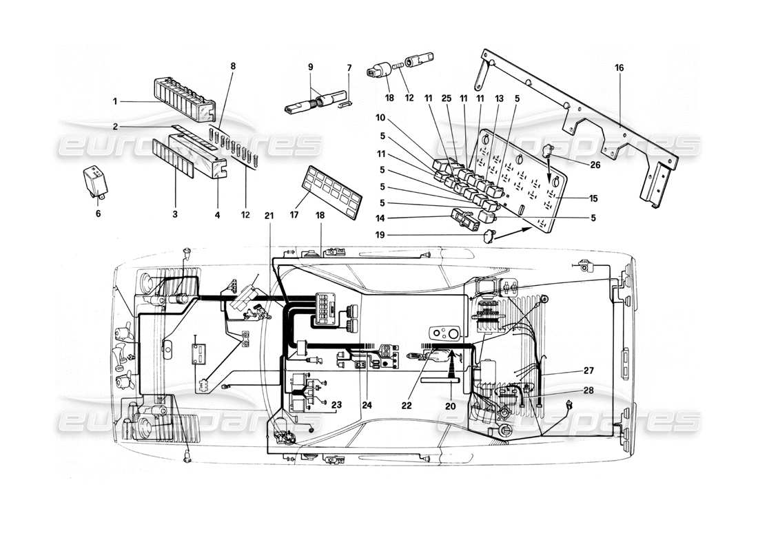 ferrari 208 turbo (1982) impianto elettrico - cavi, fusibili e relè diagramma delle parti