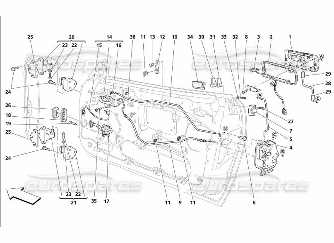 maserati 4200 coupe (2005) porte: diagramma delle parti del controllo di apertura e delle cerniere