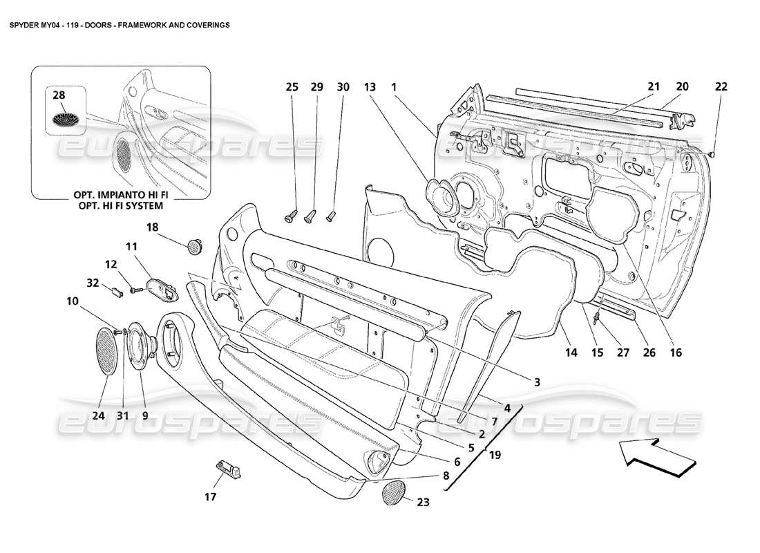 maserati 4200 spyder (2004) schema delle parti della struttura e dei rivestimenti delle porte