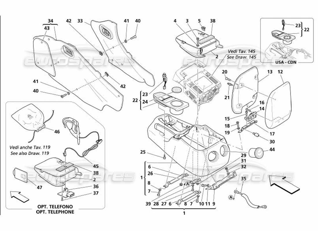 maserati 4200 coupe (2005) tunnel - diagramma delle parti della struttura e degli accessori