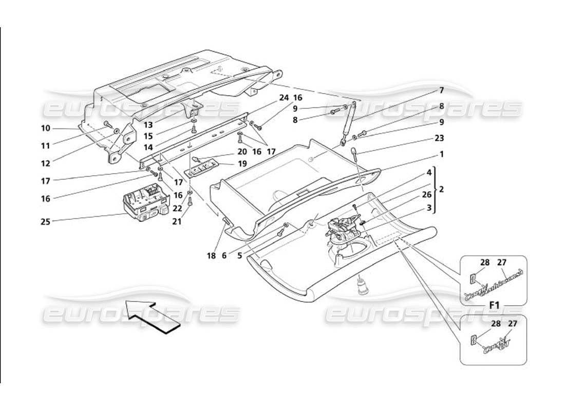 maserati 4200 coupe (2005) diagramma delle parti del cassetto del cruscotto