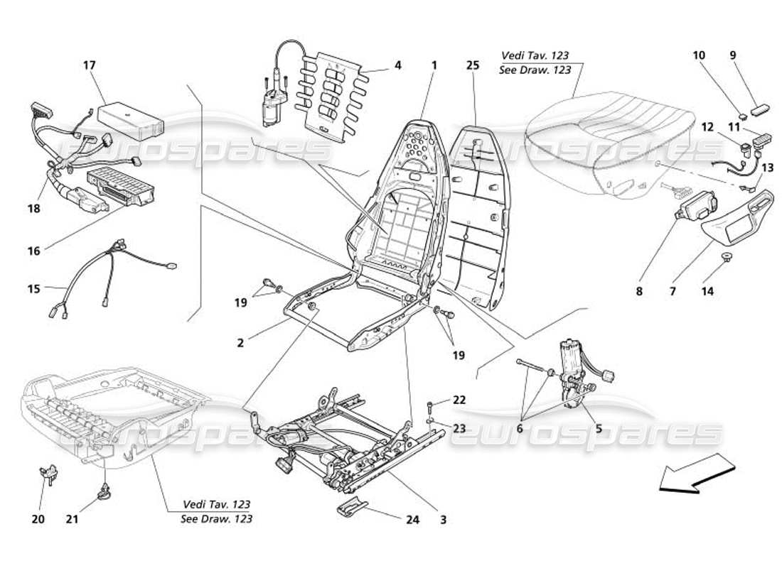 maserati 4200 spyder (2005) guida elettrica del sedile e diagramma delle parti del movimento