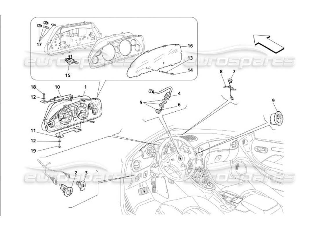 maserati 4200 coupe (2005) diagramma delle parti degli strumenti del cruscotto