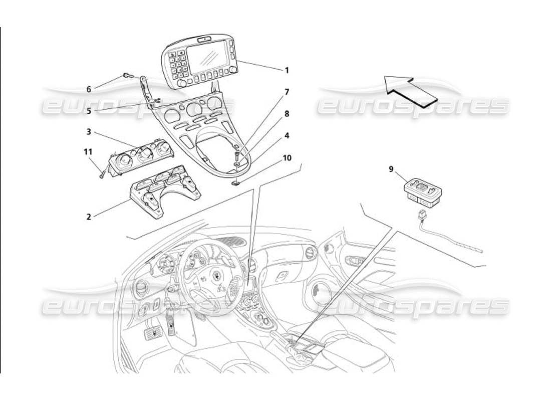 maserati 4200 coupe (2005) diagramma delle parti degli strumenti per tunnel