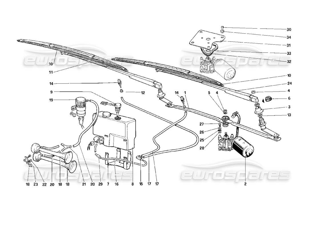 ferrari mondial 3.2 qv (1987) diagramma delle parti del tergicristallo e del clacson