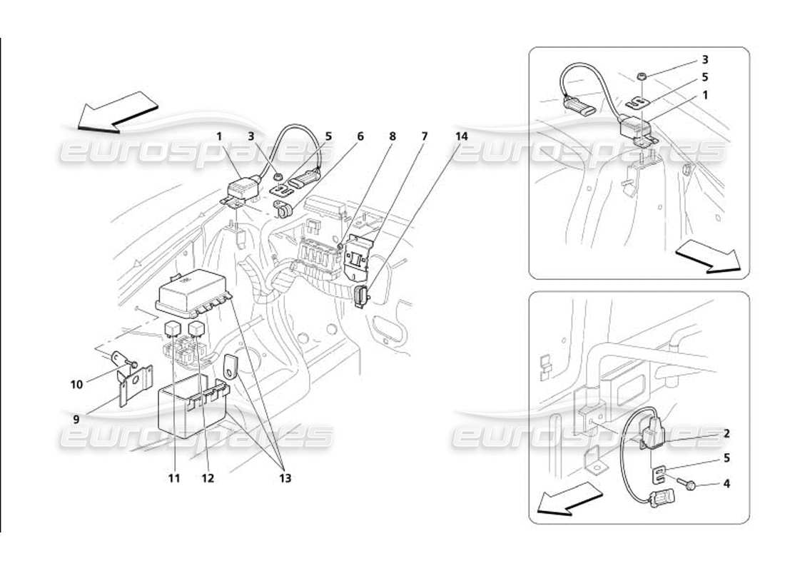 maserati 4200 coupe (2005) diagramma delle parti del sensore del cofano motore e delle stazioni di controllo