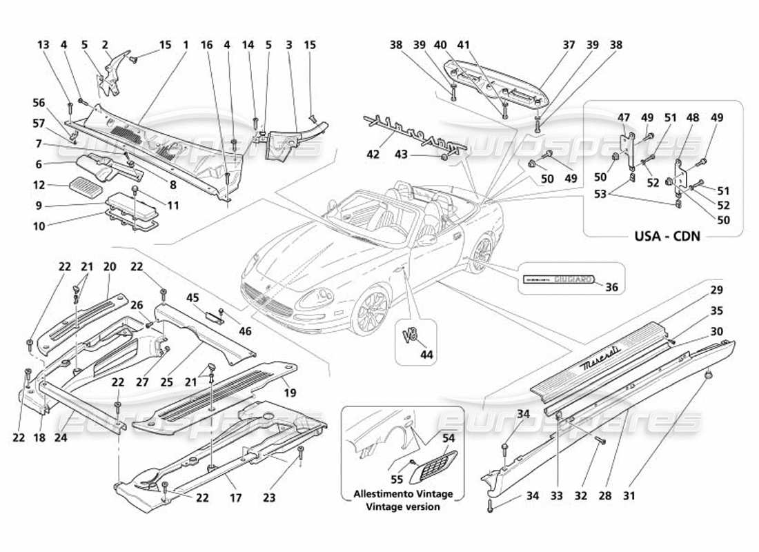 maserati 4200 spyder (2005) schema delle schermature e delle parti di finitura