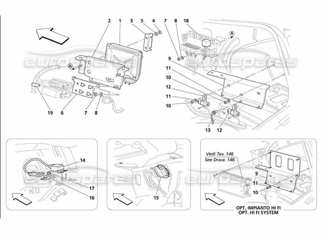 maserati 4200 coupe (2005) diagramma delle parti del sensore e delle unità di controllo del cofano del bagagliaio lato destro